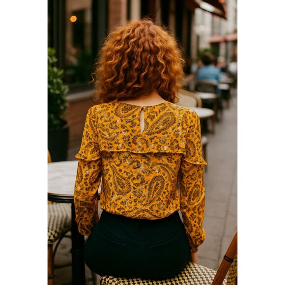 Abercrombie Fitch XS Mustard Paisley Floral Long Sleeve Ruffle Sheer Light Blous - Picture 7 of 14